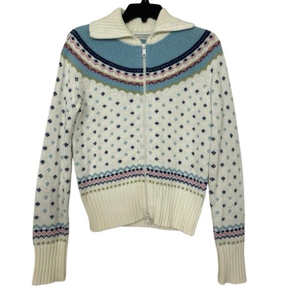 Tommy Hilfiger Wool Cotton Blend Cream Nordic Fair Isle Full Zip Sweater Medium - Picture 1 of 13